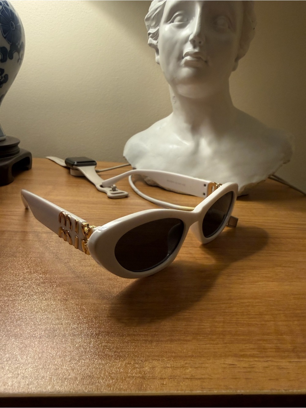 Miu Miu White Cat-Eye Sunglasses with Gold Hardware w/ original case